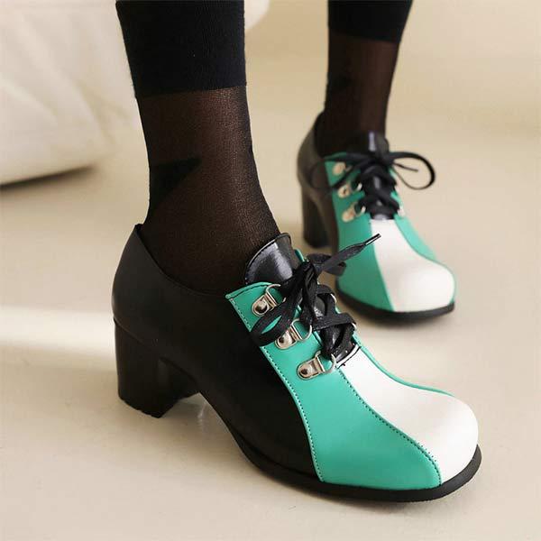 Women'S Lace-Up Chunky Heel Color Block High Heels 90673239C