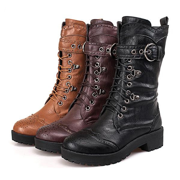 Women's Fashion Buckle Carved Mid-Cale Boots 37720533S