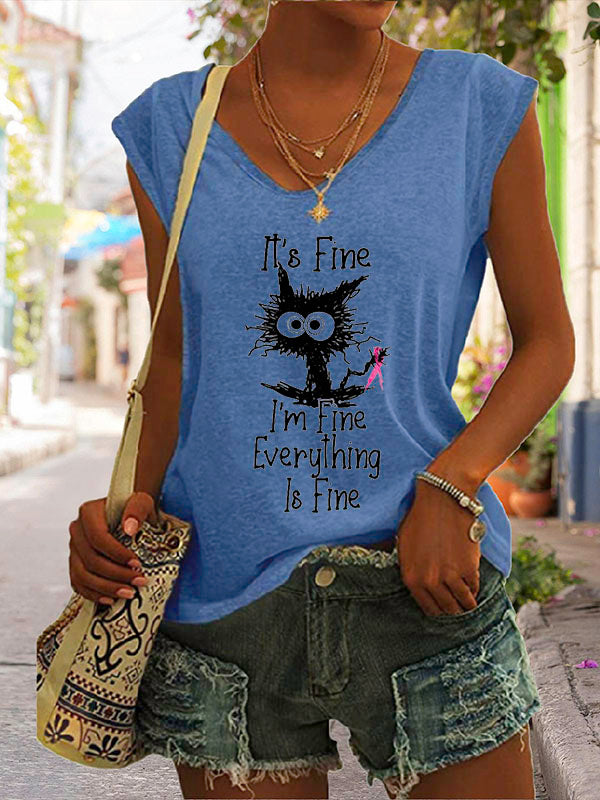 It's Fine I'm Fine Everything Is Fine Pink Ribbon Graphic Cap Sleeve T-Shirt