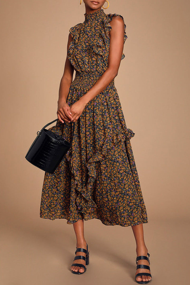 Elegant College Floral Patchwork Turtleneck Waist Skirt Dresses