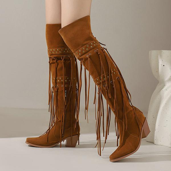 Women's Fashion Stud Tassel Chunky Heel Over-the-Knee Boots 25590507S