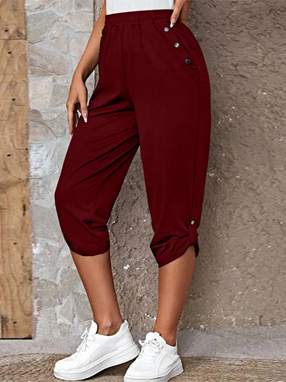 Women's Solid Button Detail Roll Up Hem Capri