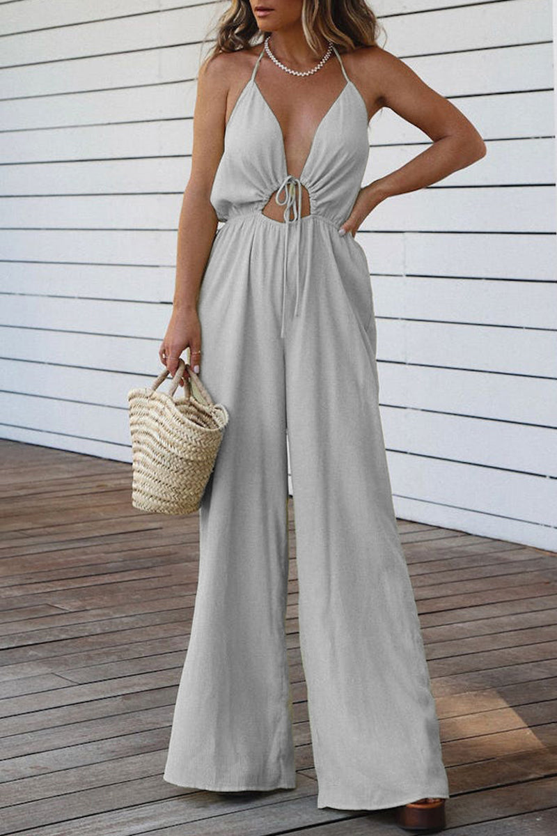 Casual Solid Backless V Neck Regular Jumpsuits