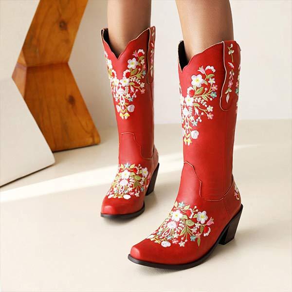 Women's Embroidered Floral Cowboy Boots with Chunky Heel and Pull-on High Shaft 86699639C