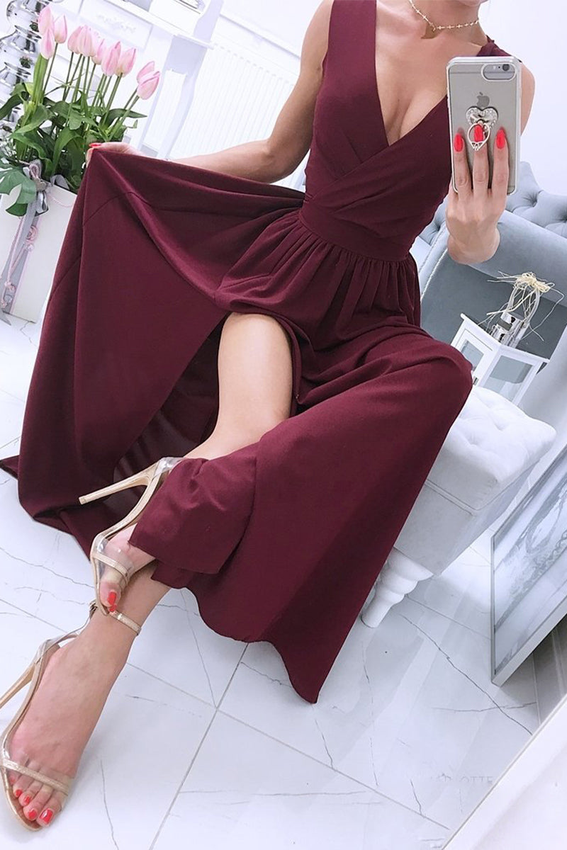 Sexy Simplicity Solid Slit V Neck Princess Dresses