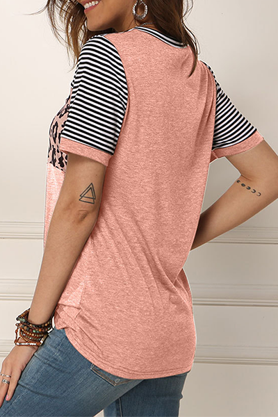 Casual Striped Leopard Split Joint Fold O Neck T-Shirts