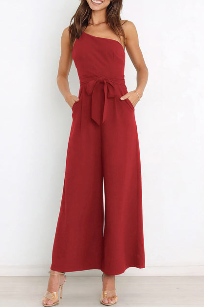 Casual Simplicity Solid Bandage Oblique Collar Straight Jumpsuits