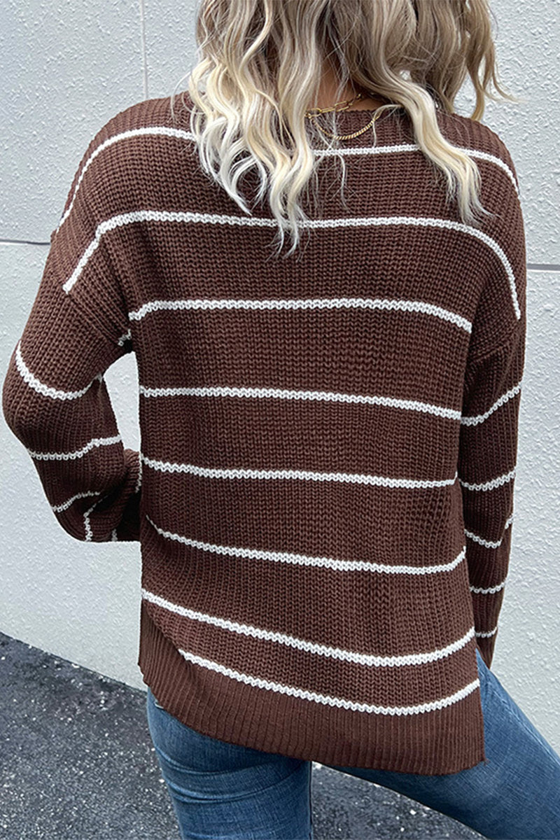 Casual Striped Patchwork V Neck Tops