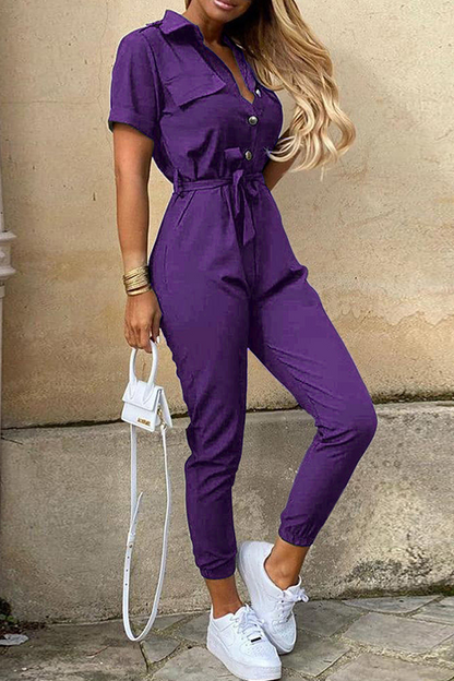 Casual Solid Buckle With Belt Turndown Collar Jumpsuits(12 Colors)