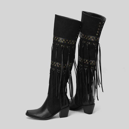 Women's Fashion Stud Tassel Chunky Heel Over-the-Knee Boots 25590507S