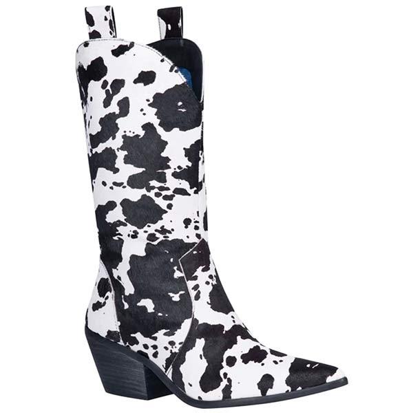 Women's Chunky Heel Pointed Toe Cow Print Cowboy Boots 78851198C