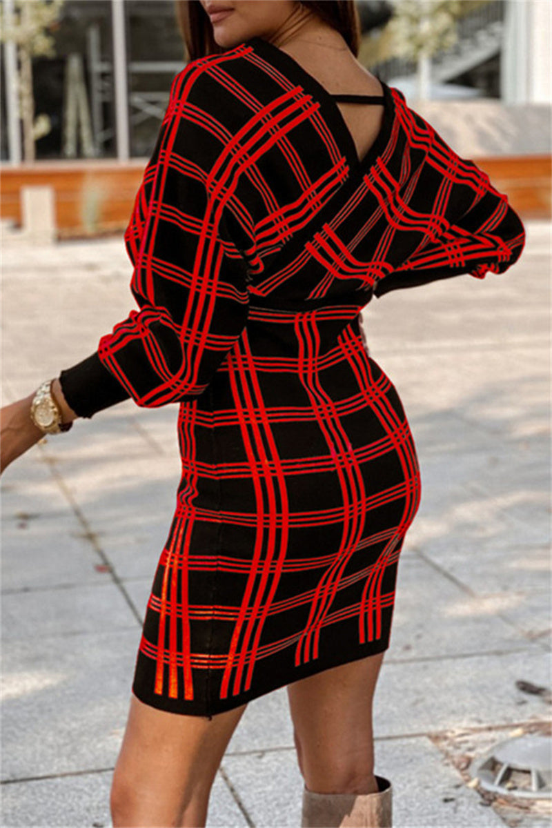 Fashion Casual Plaid Print Patchwork V Neck Long Sleeve Dresses