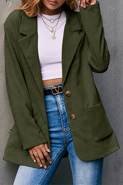 Casual Solid Pocket Buckle Turn-back Collar Outerwear