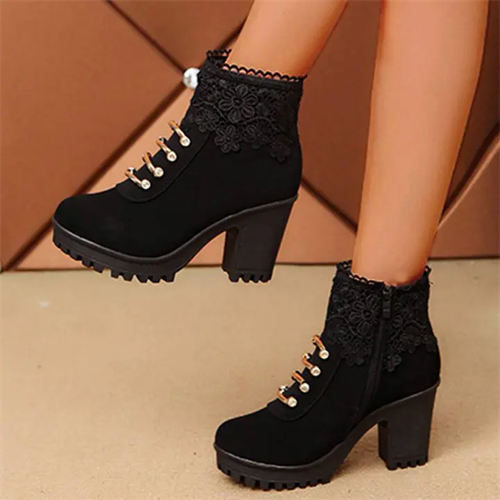 Women's Elegant Rhinestone Flower Lace Mid Heel Zipper Boots