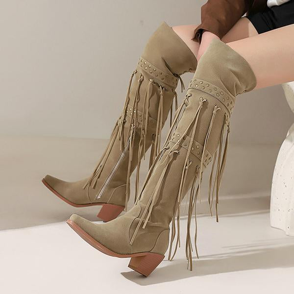 Women's Fashion Stud Tassel Chunky Heel Over-the-Knee Boots 25590507S