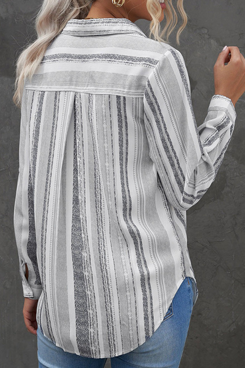 Casual Striped Patchwork Turndown Collar Tops(8 colors)