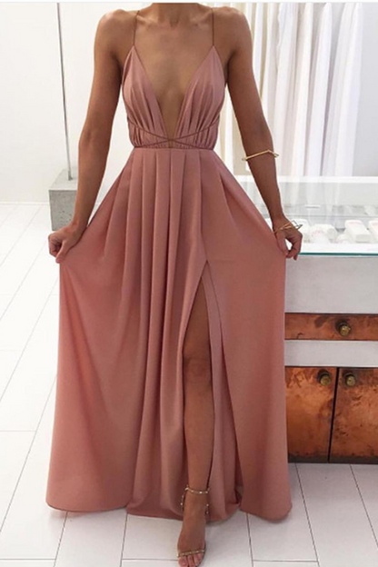 Casual Solid Split Joint V Neck Waist Skirt Dresses