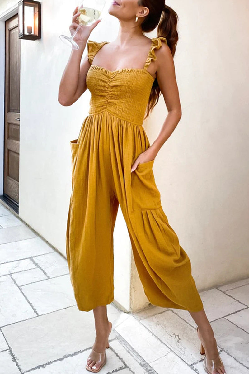 Casual Street Solid Patchwork Pocket Spaghetti Strap Straight Jumpsuits