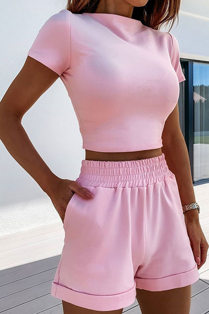 Casual Solid Patchwork Half A Turtleneck Short Sleeve Two Pieces