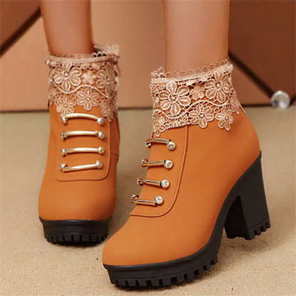 Women's Elegant Rhinestone Flower Lace Mid Heel Zipper Boots