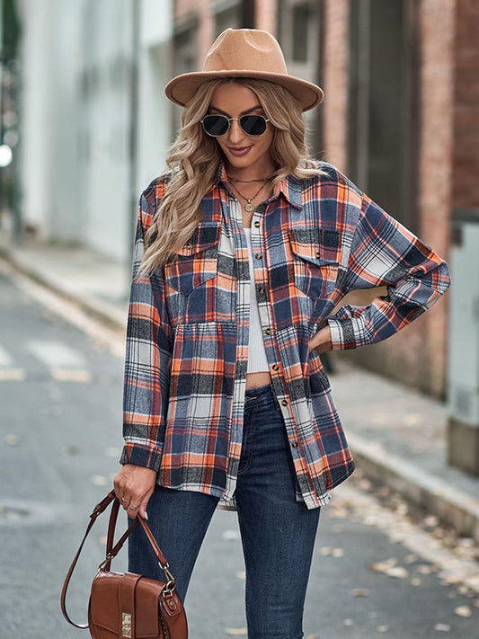 Lapel Long Sleeve Casual Check Shirt