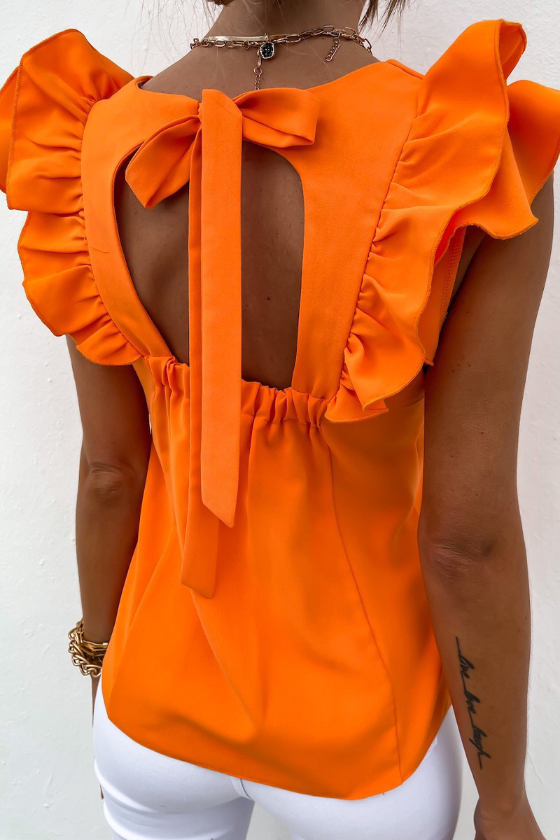 Casual Solid Flounce O Neck Tops