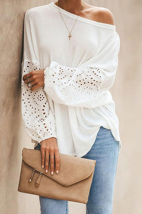 Casual Solid Hollowed Out Split Joint O Neck Tops(4 colors)