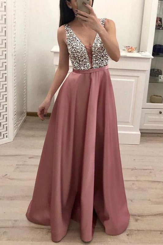 Sexy Formal Solid Sequins Zipper V Neck Evening Dress Dresses