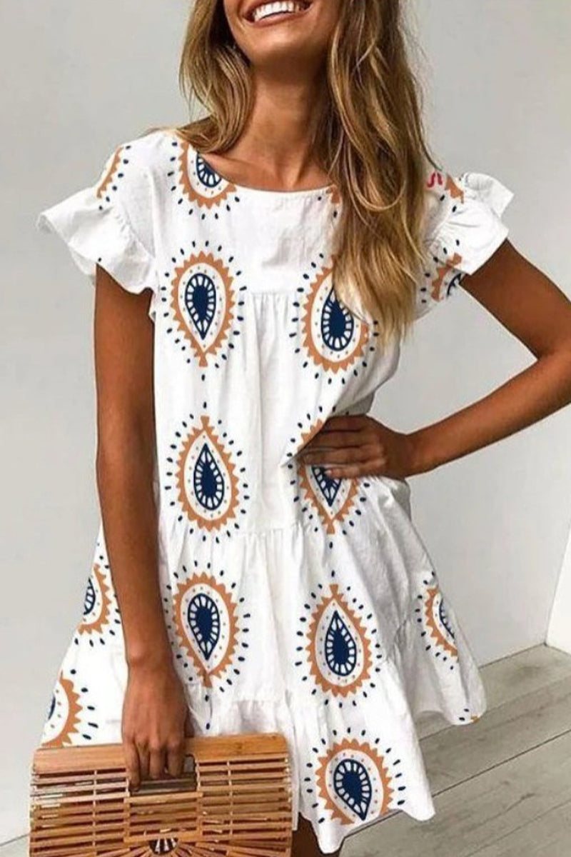 Elegant Vacation Print Patchwork O Neck Printed Dress Dresses