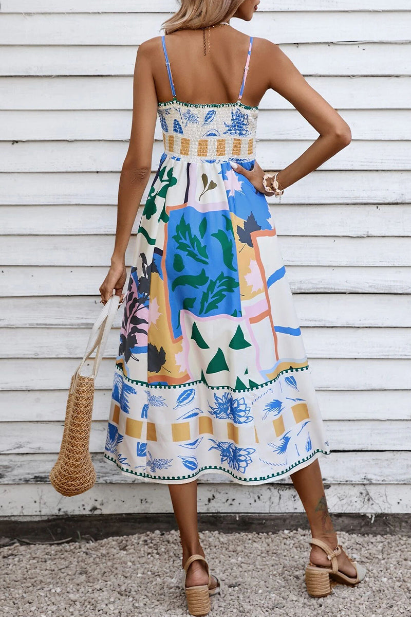 Sexy Print Patchwork Square Collar Sling Dress Dresses