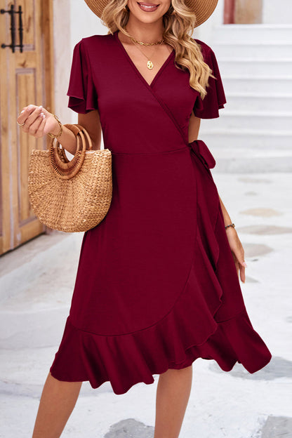 Elegant Simplicity Solid Frenulum Asymmetrical V Neck Irregular Dress Dresses