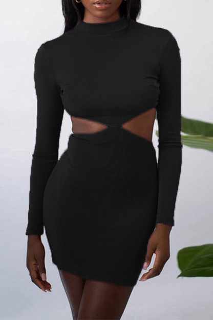 Sexy Solid Hollowed Out Half A Turtleneck Pencil Skirt Dresses