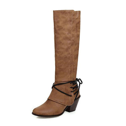 Women's Fashion Lace Up Chunky Heel Knee High Rider Boots 96479483S