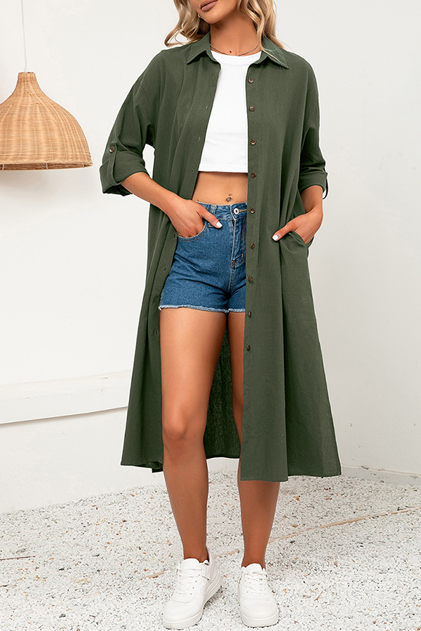 Casual Solid Split Joint Buckle Turndown Collar Shirt Dress Dresses