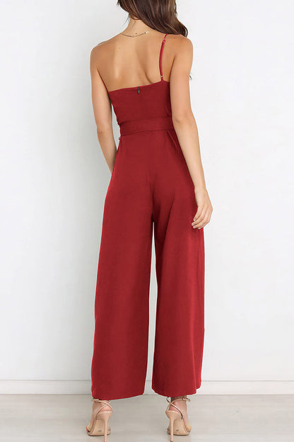 Casual Simplicity Solid Bandage Oblique Collar Straight Jumpsuits