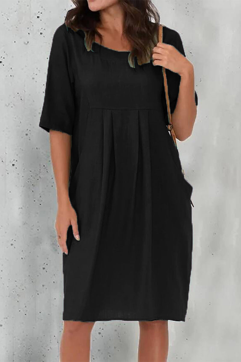 Casual Solid Fold O Neck Short Sleeve Dress Dresses