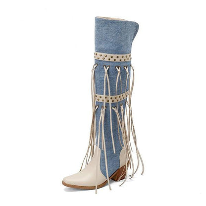 Women's Fashion Stud Tassel Chunky Heel Over-the-Knee Boots 25590507S