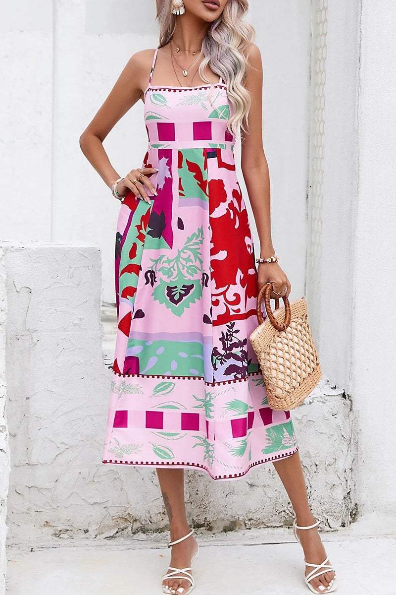 Sexy Print Patchwork Square Collar Sling Dress Dresses