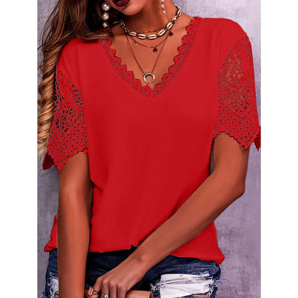 Lace Stitching Loose V-neck Short Sleeve T-shirt