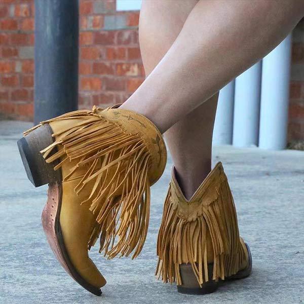 Women's Fashionable Mid-Heel Fringed Pointed Toe Ankle Boots 17609427C