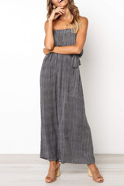 Street Striped Split Joint Frenulum Strapless Straight Jumpsuits