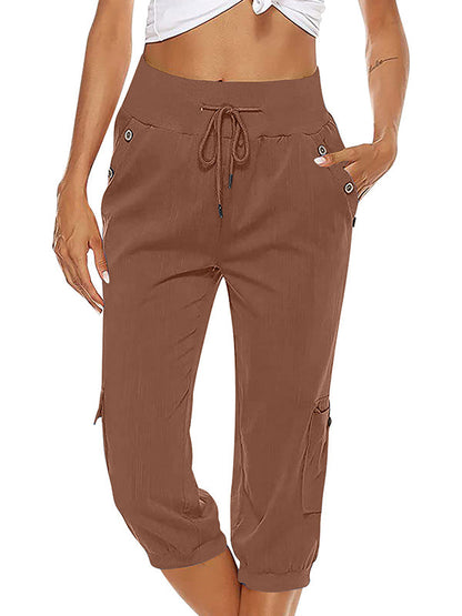 Women's Drawstring Cargo Pants Elastic Waist Casual Capri