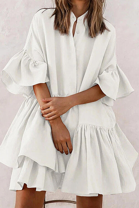 Sweet Elegant Solid Mandarin Collar Pleated Dresses