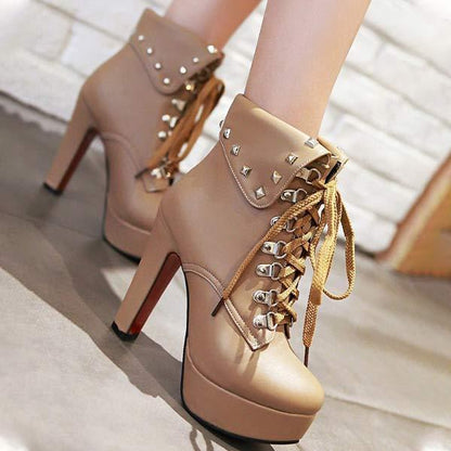 Women's Chunky Heel Thick Sole Super High Heel Lace-Up Ankle Boots 69094700C