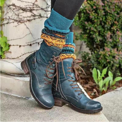 Retro Stitching Lace-up Zipper Boots