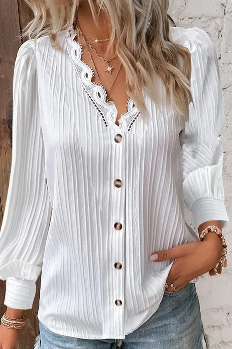 Casual Solid Buttons V Neck Tops