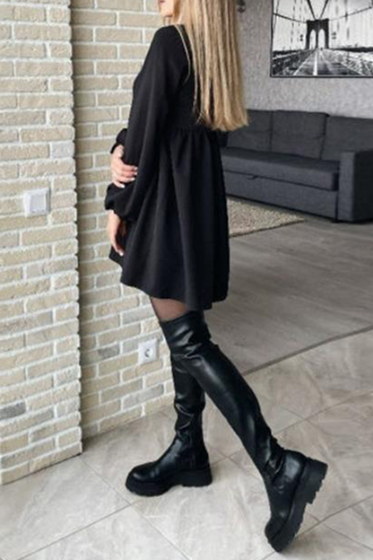 Casual Solid Patchwork O Neck Cake Skirt Dresses