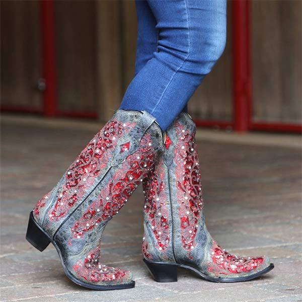 Women's Embroidered Rhinestone Square Toe Mid-Calf Riding Boots 73743819C