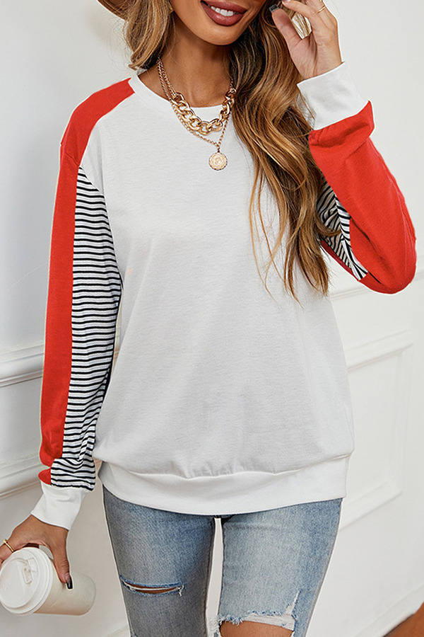 Casual Striped Split Joint  Contrast O Neck Tops