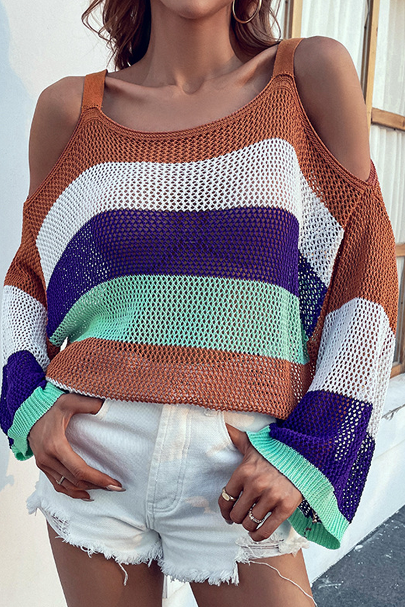 Casual Striped Patchwork O Neck Tops